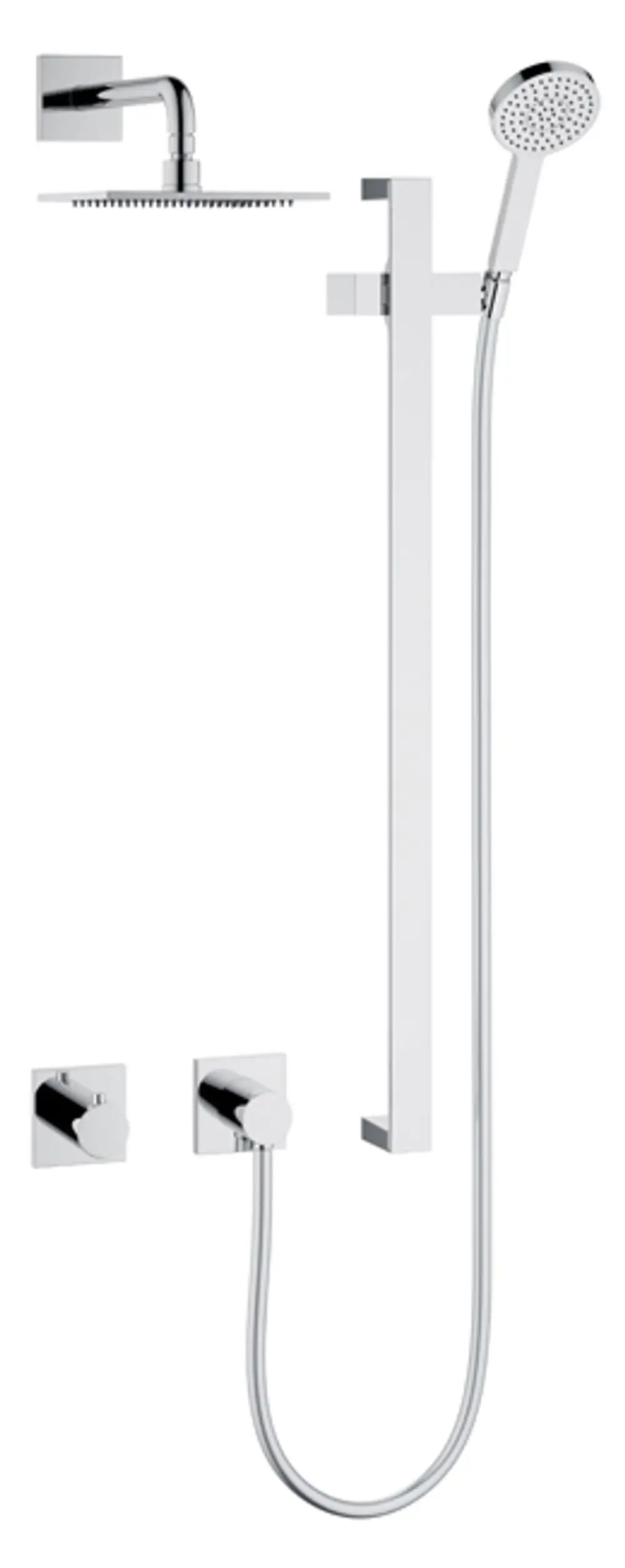Brause-Set von Keuco mit Wandmontage, bestehend aus einer Kopfbrause und einer Handbrause. Steuerung durch zwei Bedienelemente. Verchromte Oberfläche.